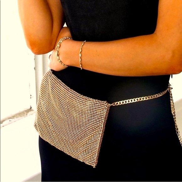 ettika Handbags - Ettika - Gold Metallic & Crystals Belt Bag / Shoulder Bag from REVOLVE - NWT